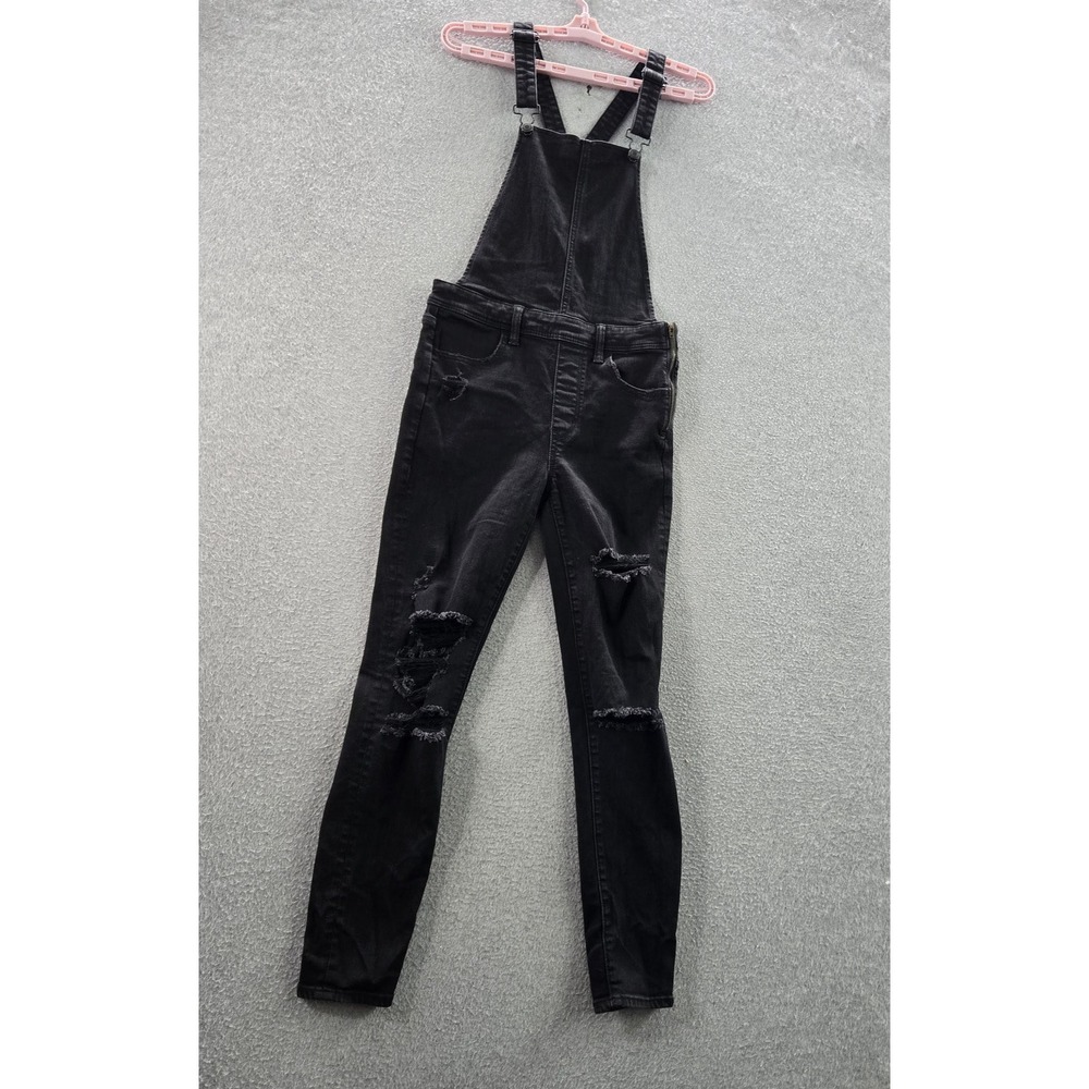American Eagle Outfitters Women Overalls 6 Black Denim Distressed Jegging
